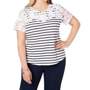 NEW CHARTER CLUB LUXURY striped embroidered top - plus in bright white combo